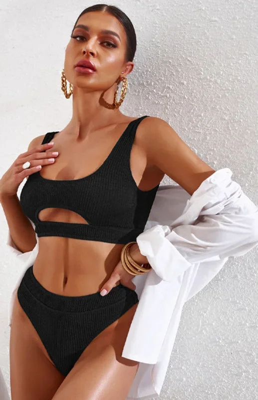 Women's Ribbed Cutout Solid Colour Bikini